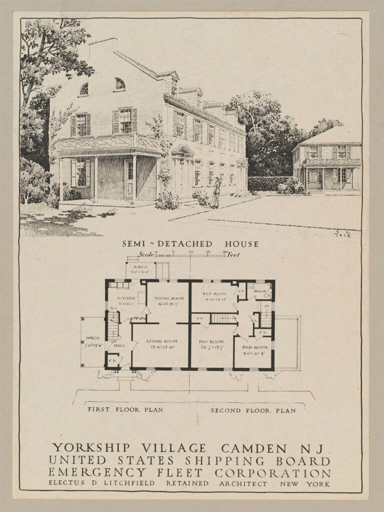 Housing, Government: United States. New Jersey. Camden. Yorkship Village: Governmental Agencies Of House Construction. U.s. Shipping Board, Emergency Fleet Corporation: Yorkship Village, Camden, Nj.  United States Shipping Board Emergency Fleet Corporation.  Electus D Litchfield Retained Architect New York: Semi-Detached House; First Floor Plan; Second Floor Plan.