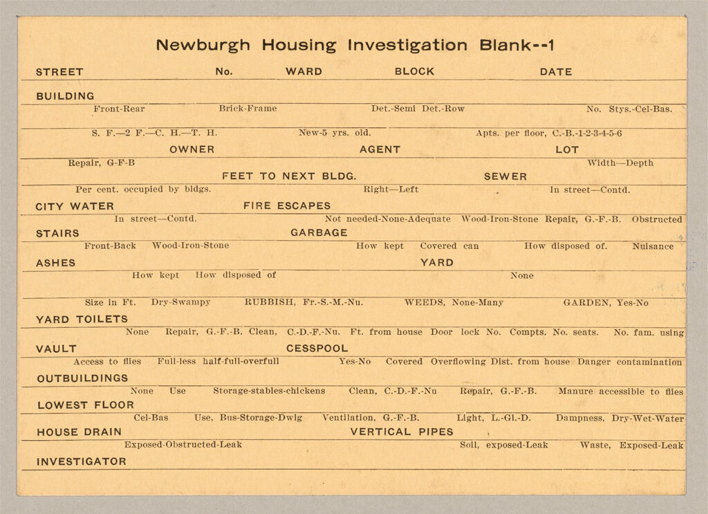 Housing, Government: United States. New York. Newburgh: Schedules Used In Investigation Of Housing Conditions, New York: Newburgh Housing Investigation Blank -- 1