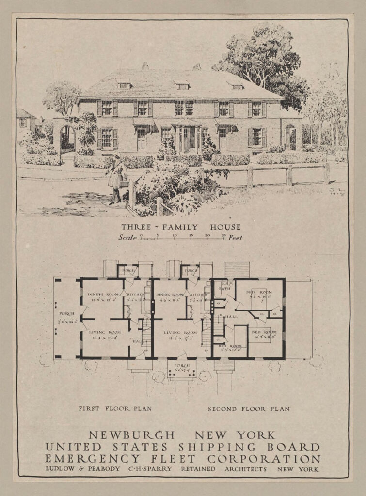 Housing, Government: United States. New York. Newburgh: Governmental Agencies Of House Construction: U.s. Shipping Board, Emergency Fleet Corporation: Newburgh New York. United States Shipping Board Emergency Fleet Corporation.  Ludlow & Peabody C.h. Sparry Retained Architects New York: Three-Family House: First Floor Plan; Second Floor Plan.