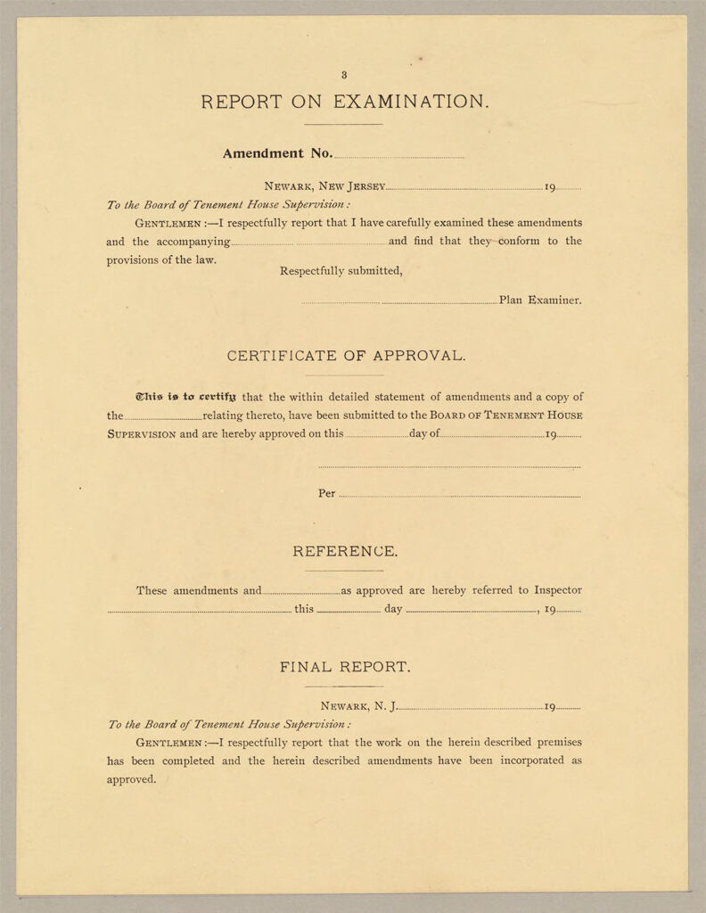 Housing, Government: United States. New Jersey. Newark: Schedules Used By The Board Of Tenement House Supervision Of New Jersey: Report On Examination.