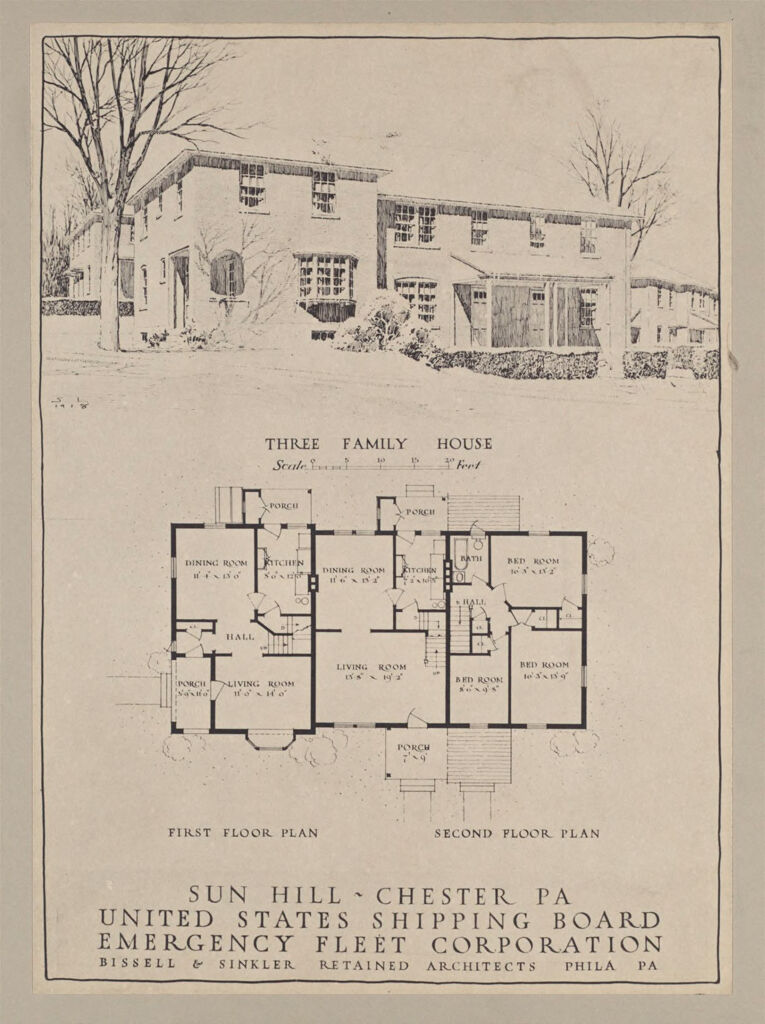 Housing, Government: United States. Pennsylvania. Chester: Governmental Agencies Of House Construction. U.s. Shipping Board, Emergency Fleet Corporation: Sun Hill - Chester Pa United States Shipping Board Emergency Fleet Corporation.  Bissell & Sinkler Retained Architects Phila Pa: Three Family House: First Floor Plan; Second Floor Plan.