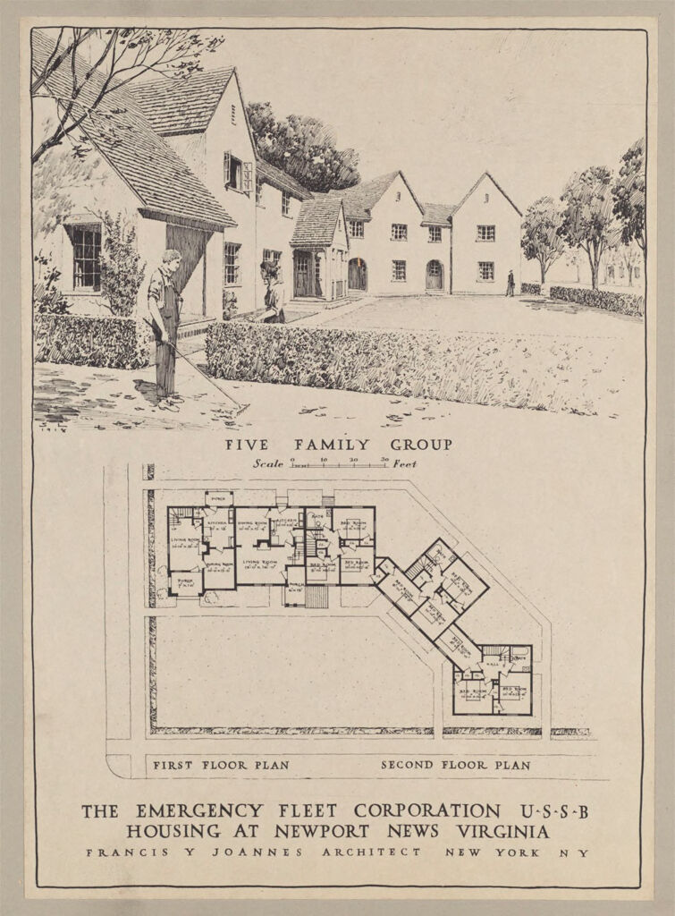 Housing, Government: United States. Virginia. Newport News: Governmental Agencies Of House Construction. U.s. Shipping Board, Emergency Fleet Corporation: The Emergency Fleet Corporation Ussb Housing At Newport News Virginia.  Francis Y Joannes Architect New York Ny: Five Family Group: First Floor Plan; Second Floor Plan.