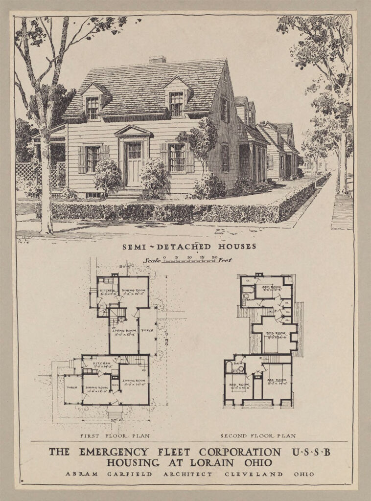 Housing, Government: United States. Ohio. Lorain: Governmental [Agencies Of Ho]Use Construction. U.s. Shipping Board, Emergency Fleet Corporation: The Emergency Fleet Corporation Ussb Housing At Lorain Ohio. Abram Garfield Architect Cleveland Ohio: Semi-Detached Houses: First Floor Plan; Second Floor Plan.