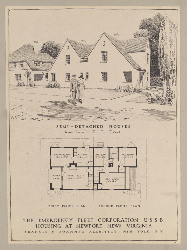 Housing, Government: United States. Virginia. Newport News: Governmental Agencies Of House Construction. U.s. Shipping Board, Emergency Fleet Corporation: The Emergency Fleet Corporation Ussb Housing At Newport News Virginia.  Francis Y Joannes Architect New York Ny: Semi-Detached Houses: First Floor Plan; Second Floor Plan.
