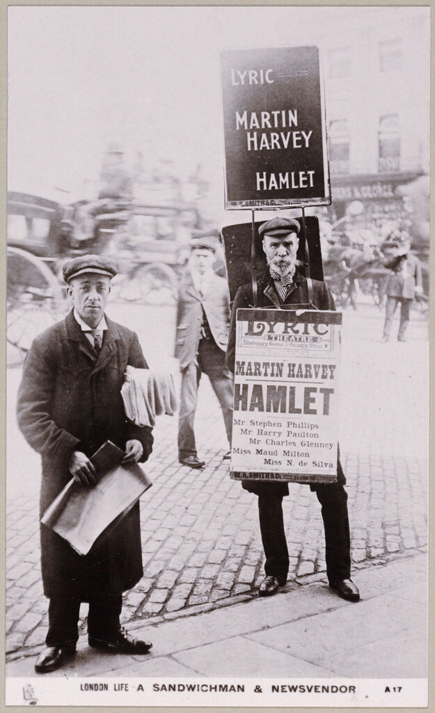 Industrial Problems, Types Of Working People: Great Britain, England. London. Special Occupations: Social Conditions In London, England: 1905: London Life- A Sandwichman & Newsvendor