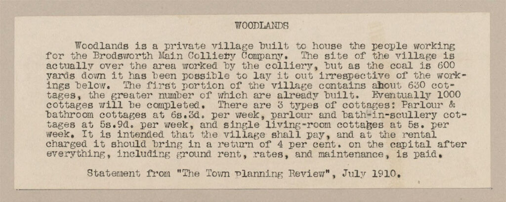 Industrial Problems, Welfare Work: Great Britain, England. Woodlands. Brodsworth Main Colliery Co.: Improved Workmen's Dwellings: England: Woodlands: Statement From The Town Planning Review, July 1910.