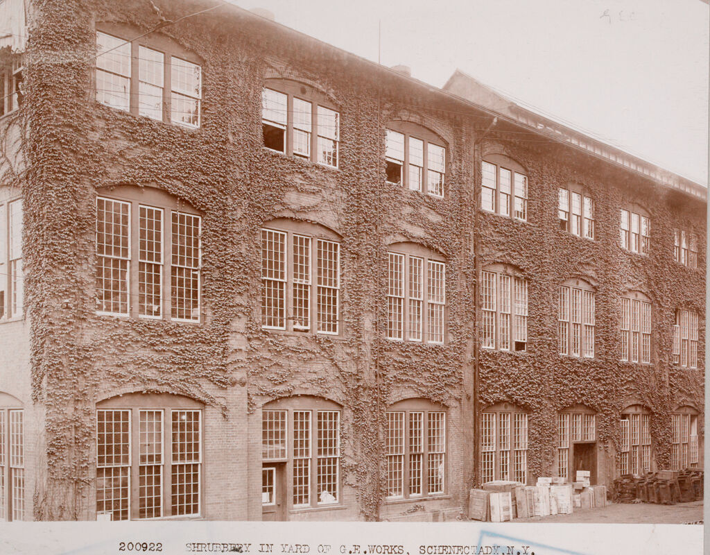 Industrial Problems, Welfare Work: United States. New York. Schenectady. General Electric Company: Welfare Institutions. General Electric Co., Schenectady, N. Y.: Factory Grounds Beautified.: 200922 Shrubbery In Yard Of G.e. Works, Schenectady, N.y.