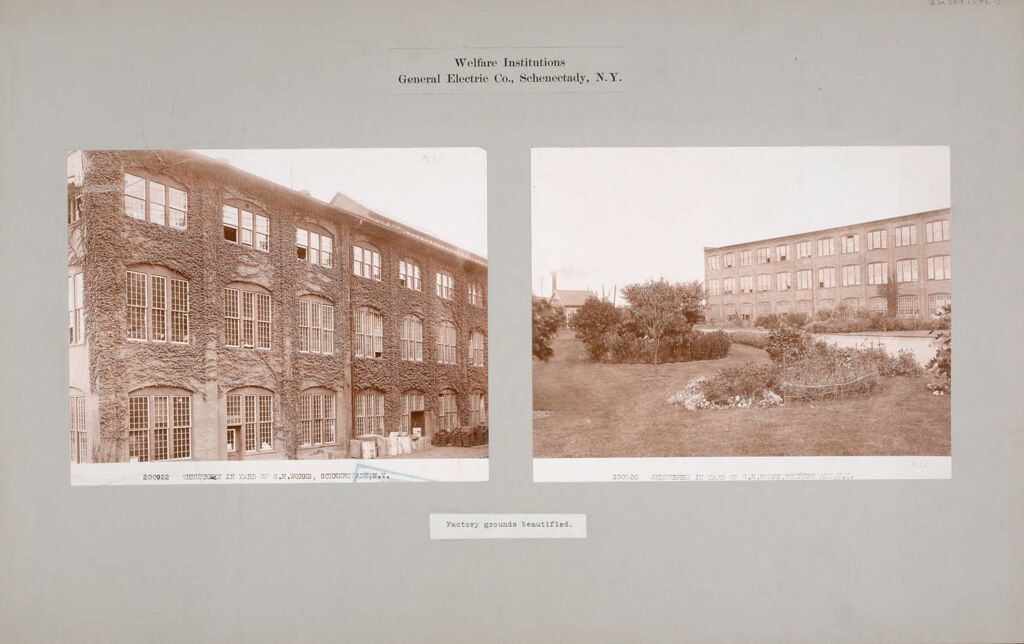 Industrial Problems, Welfare Work: United States. New York. Schenectady. General Electric Company: Welfare Institutions. General Electric Co., Schenectady, N. Y.: Factory Grounds Beautified.