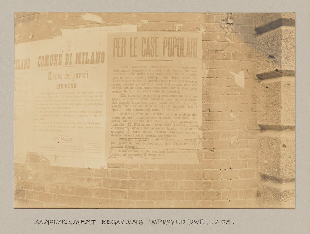 Recreation, Parks And Playgrounds: Italy. Milan. Public Park: Social Conditions In Milan, Italy, 1903: Announcement Regarding Improved Dwellings.