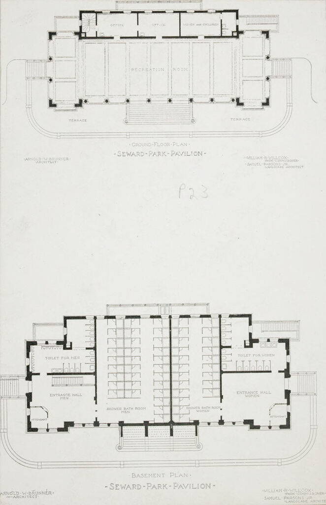 Recreation, Park And Playgrounds: United States. New York. New York City. Seward Park, Open Air Playground: New York City Parks And Playgrounds: William H. Seward Park.: Ground Floor Plan, Seward Park Pavilion, Basement Plan, Seward Park Pavilion