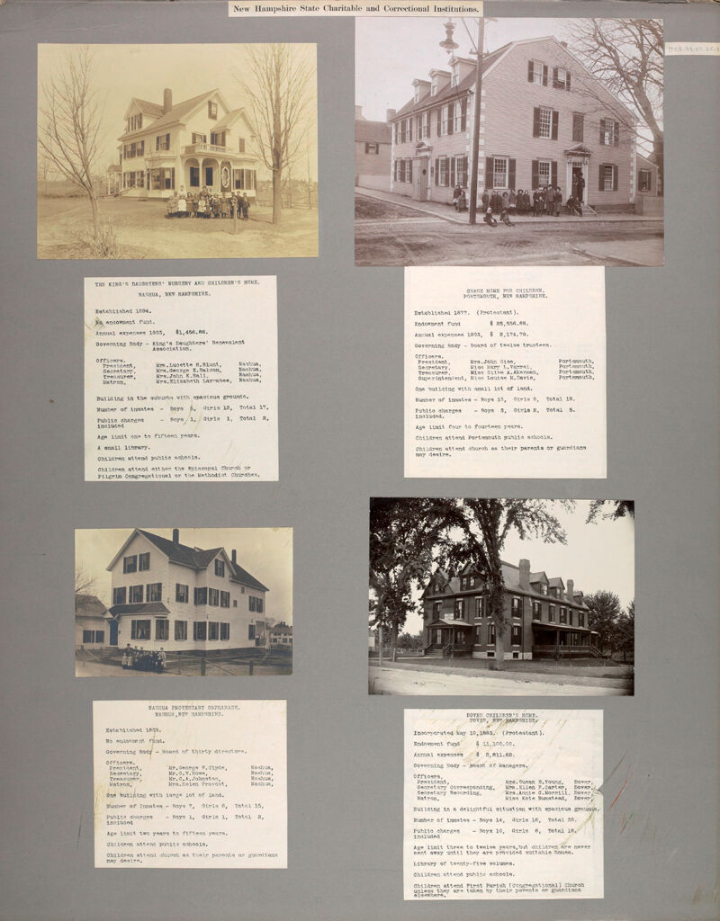 Charity, Children: United States. New Hampshire. Dover. Children's Home; Nashua. King's Daughters' Nursery And Home For Children; Nashua. Protestant Orphanage; Portsmouth. Chase Home For Children: New Hampshire State Charitable And Correctional Institutions.