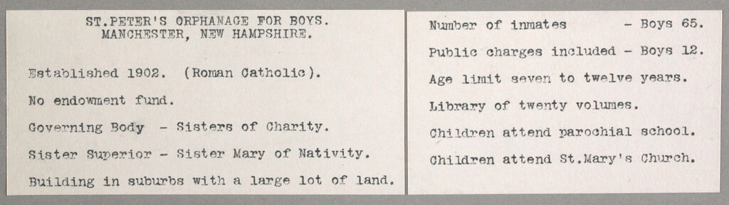 Charity, Children: United States. New Hampshire. Manchester. St. Peter's Orphanage For Boys: New Hampshire State Charitable And Correctional Institutions.: St. Peter's Orphanage For Boys. Manchester, New Hampshire.