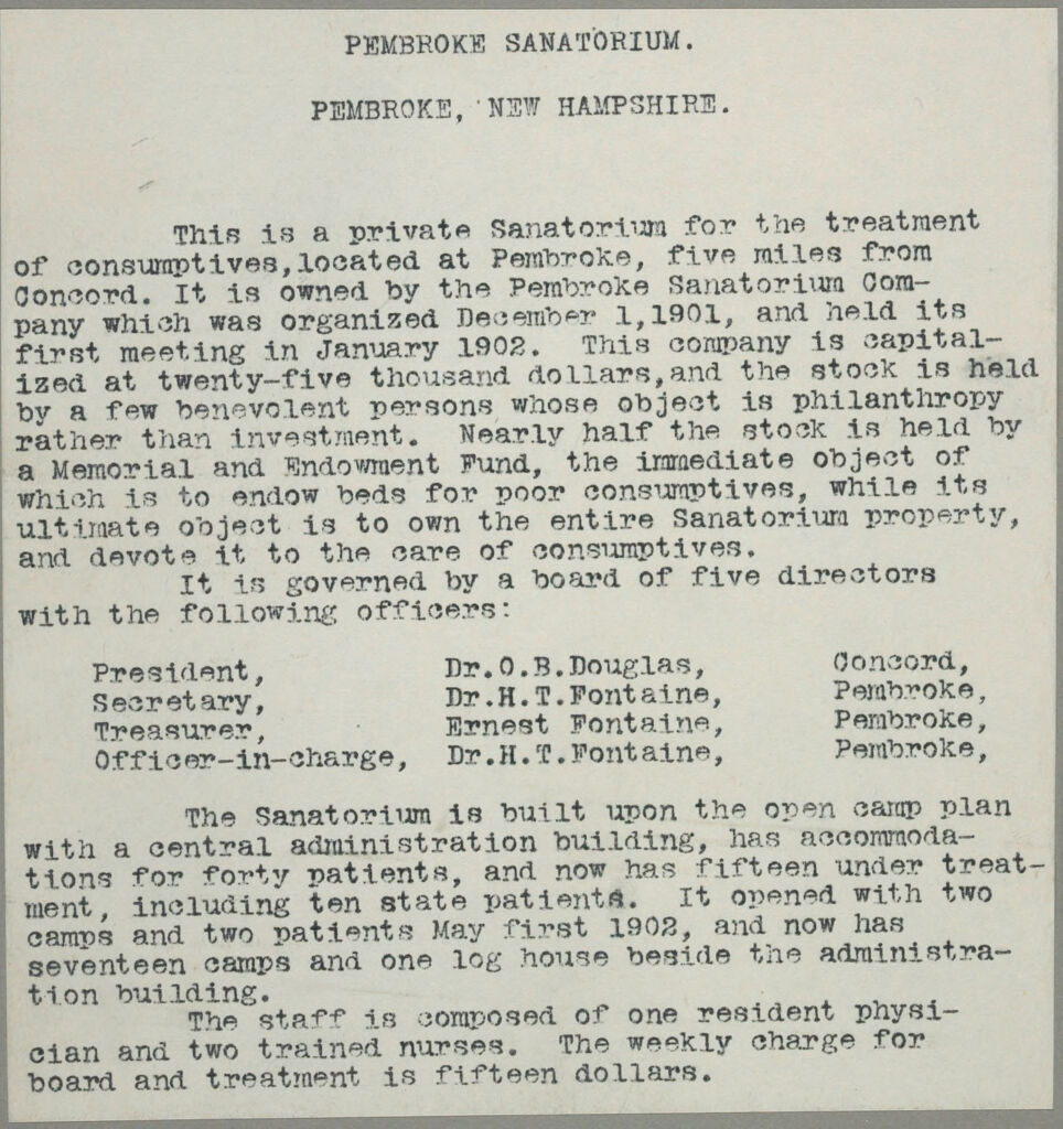 Charity, Tuberculosis: United States. New Hampshire. Pembroke. Pembroke Sanatorium: New Hampshire State Charitable And Correntional Institutions.: Pembroke Sanatorium. Pembroke, New Hampshire