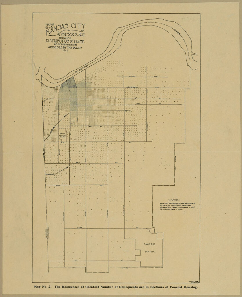 Crime, General: United States. Missouri. Kansas City: Distribution Of Crime, Kansas City, Mo.: Map Of Kansas City Missouri Showing Distribution Of Crime As Represented By Arrests By The Police. 1911