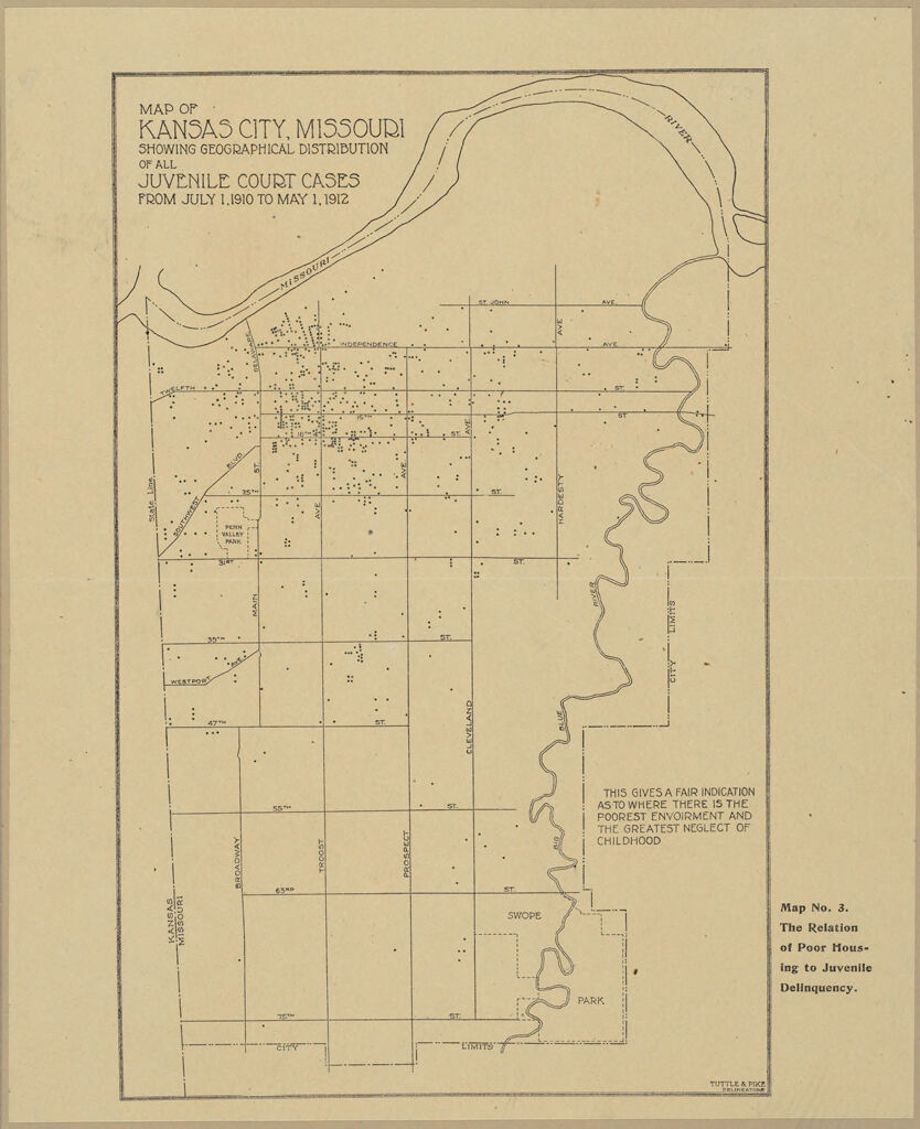 Crime, General: United States. Missouri. Kansas City: Distribution Of Crime, Kansas City, Mo.: Map Of Kansas City, Missouri Showing Geographical Distribution Of All Juvenile Court Cases From July 1, 1910 To May 1, 1912