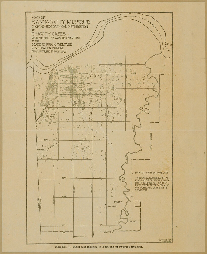 Crime, General: United States. Missouri. Kansas City: Distribution Of Crime, Kansas City, Mo.: Map Of Kansas City, Missouri Showing Geographical Distribution Of Charity Cases Reported By The Various Charities To The Board Of Public Welfare Registration Bureau From July 1, 1910 To May 1, 1912