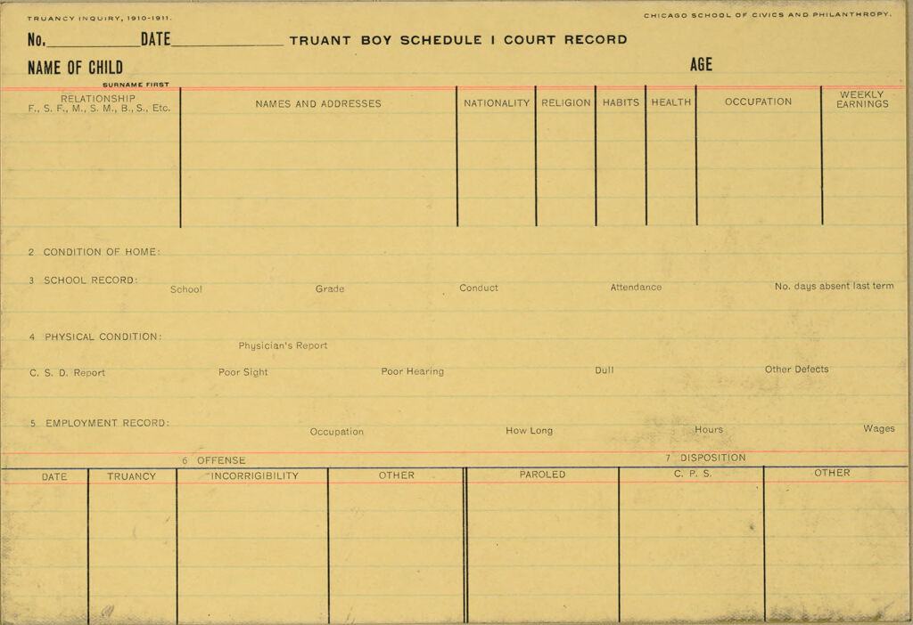 Crime, Childrens Courts: United States. Illinois. Chicago. Juvenile Court: Schedules Of Truancy Inquiry, Chicago, Ill., 1910-11: Truant Boy Schedule I Court Record