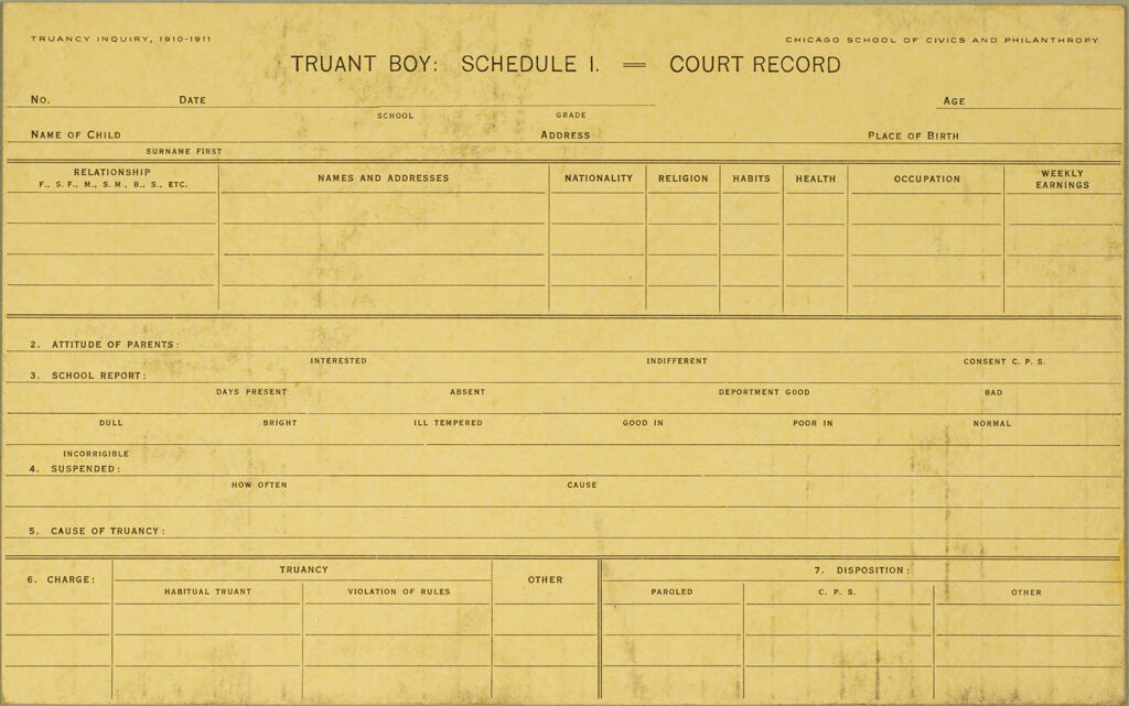 Crime, Childrens Courts: United States. Illinois. Chicago. Juvenile Court: Schedules Of Truancy Inquiry, Chicago, Ill., 1910-11: Truant Boy: Schedule I. = Court Record