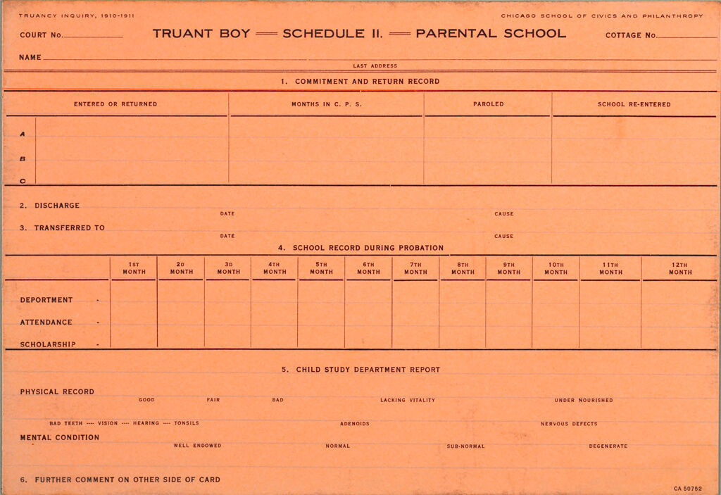 Crime, Childrens Courts: United States. Illinois. Chicago. Juvenile Court: Schedules Of Truancy Inquiry, Chicago, Ill., 1910-11: Truant Boy = Schedule Ii. = Parental School