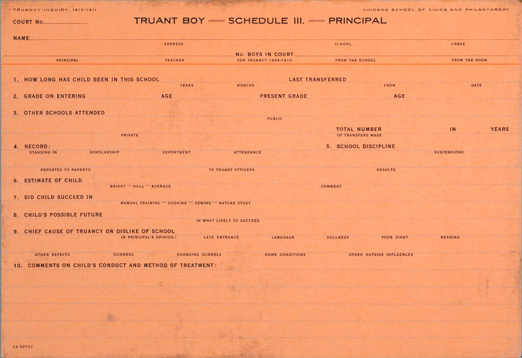 Crime, Childrens Courts: United States. Illinois. Chicago. Juvenile Court: Schedules Of Truancy Inquiry, Chicago, Ill., 1910-11: Truant Boy = Schedule Iii. = Principal