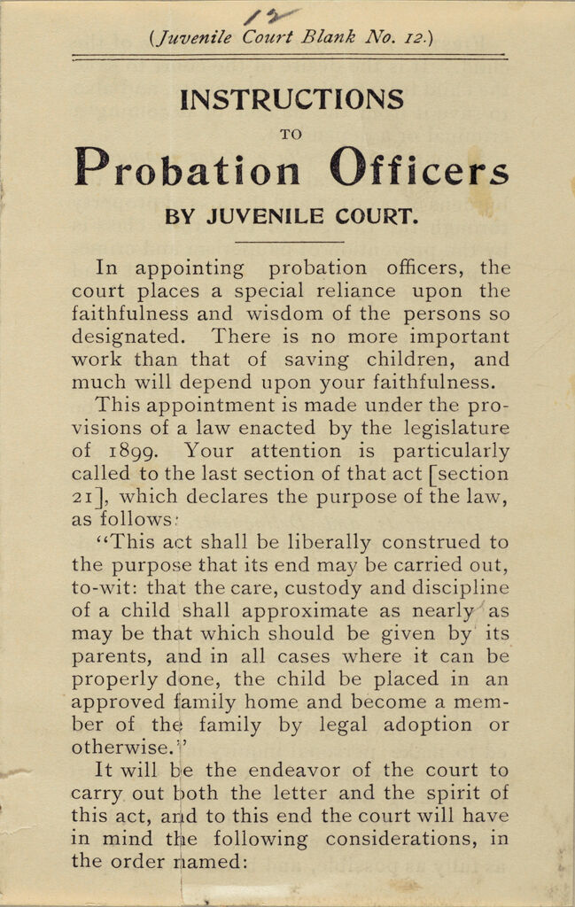 Crime, Children's Courts: United States. Illinois. Chicago. Juvenile Court: Instructions To Probation Officers By Juvenile Court.