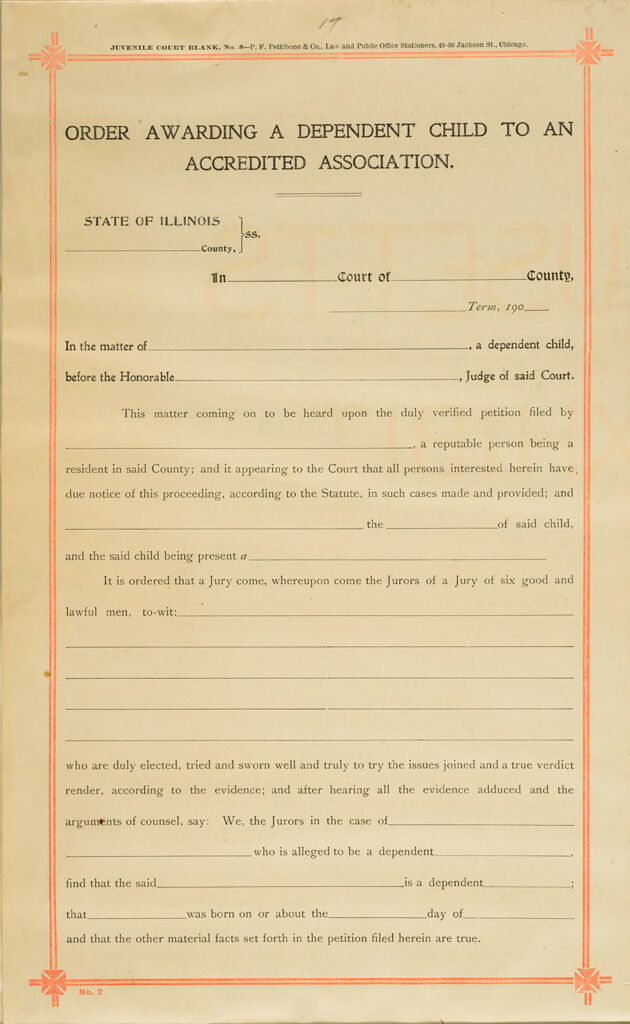 Crime, Children, Reform Schools: United States. Illinois. Chicago. Feehanville; Foundlings Home; St. Vincent Asylum; The Refuge: Order Awarding A Dependent Child To An Accredited Association.