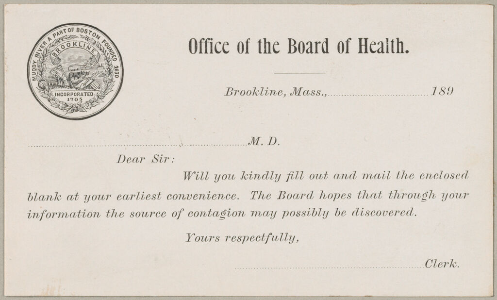 Health, General: United States. Massachusetts. Brookline. Board Of Health: Office Of The Board Of Health.