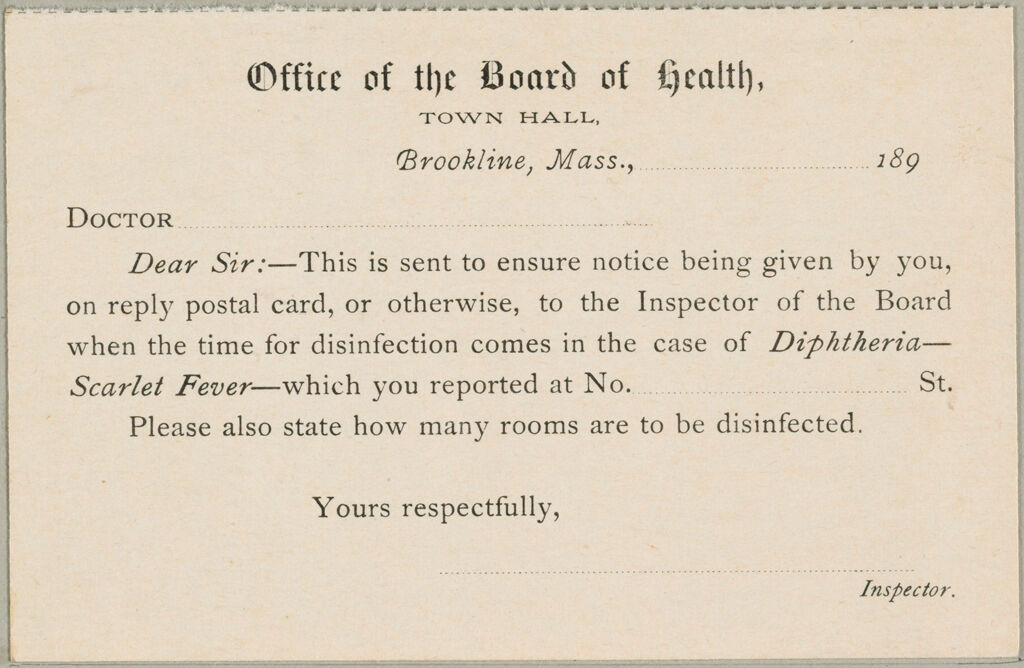 Health, General: United States. Massachusetts. Brookline. Board Of Health: Office Of The Board Of Health, Town Hall, Brookline, Mass.