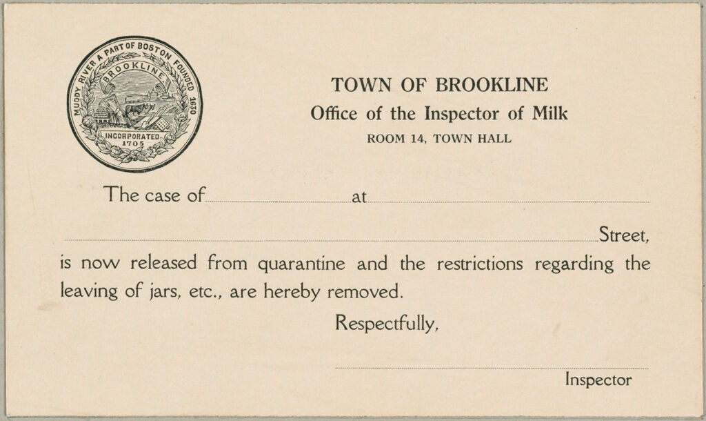 Health, General: United States. Massachusetts. Brookline. Board Of Health: Town Of Brookline Office Of The Inspector Of Milk