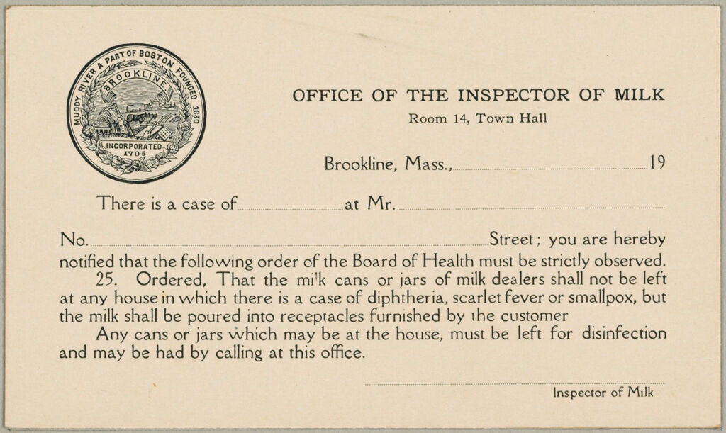 Health, General: United States. Massachusetts. Brookline. Board Of Health: Office Of The Inspector Of Milk