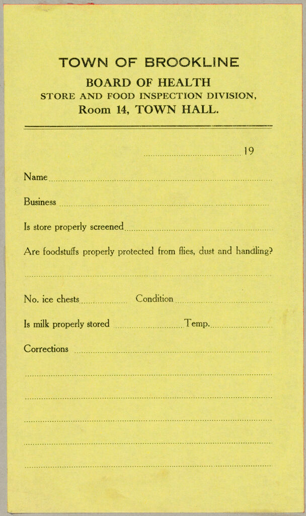 Health, General: United States. Massachusetts. Brookline. Board Of Health: Town Of Brookline. Board Of Health Store And Food Inspection Division, Room 14, Town Hall.