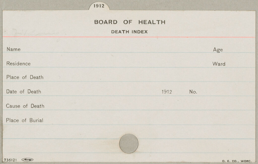 Health, General: United States. Massachusetts. Fitchburg. Health Forms: Board Of Health. Death Index