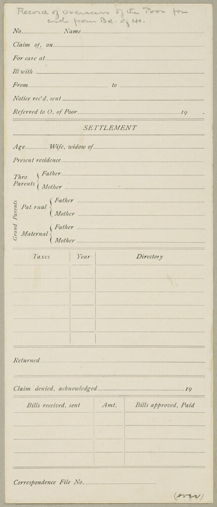 Health, General: United States. Massachusetts. Fitchburg. Health Forms: Record Of Overseers Of The Poor For And From Bd. Of He.