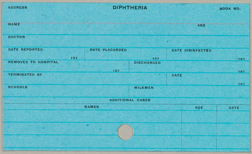 Health, General: United States. Massachusetts. Fitchburg. Health Forms: Diphtheria