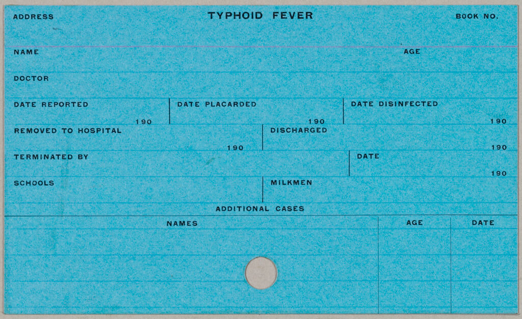 Health, General: United States. Massachusetts. Fitchburg. Health Forms: Typhoid Fever