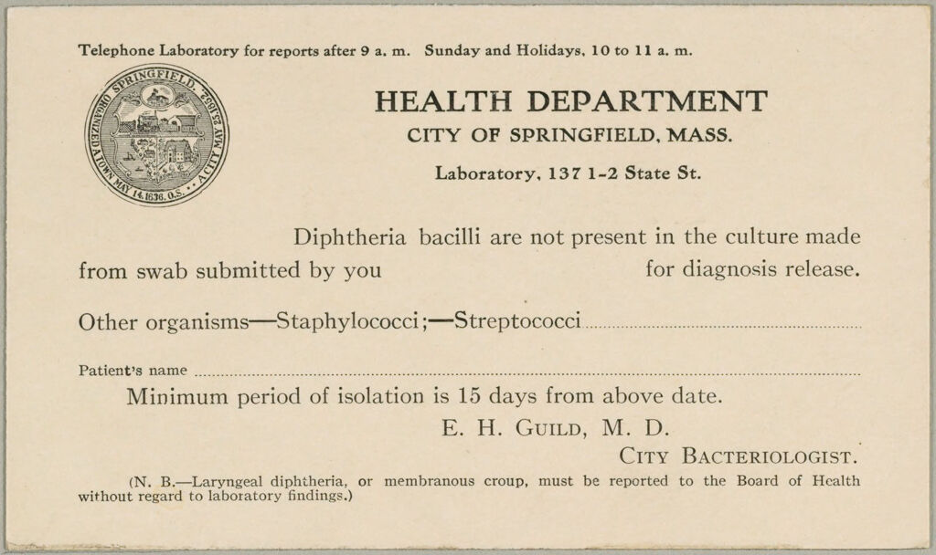 Health, General: United States. Massachusetts. Springfield. Board Of Health Forms: Health Department. City Of Springfield, Mass.: City Bacteriologist.