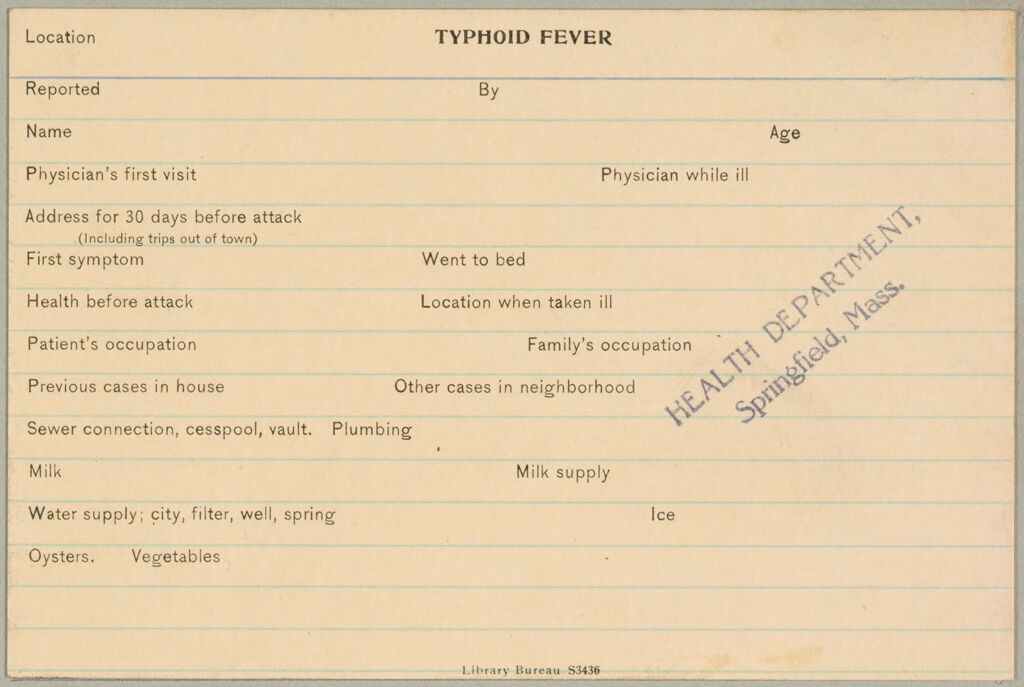 Health, General: United States. Massachusetts. Springfield. Board Of Health Forms: Typhoid Fever