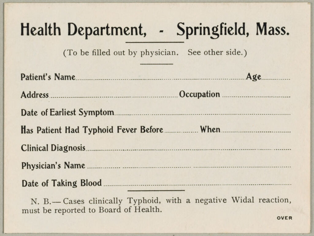 Health, General: United States. Massachusetts. Springfield. Board Of Health Forms: Health Department, - Springfield, Mass.