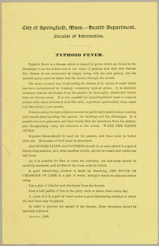 Health, General: United States. Massachusetts. Springfield. Board Of Health Forms: City Of Springfield, Mass. - Health Department. Circular Of Information.: Typhoid Fever.