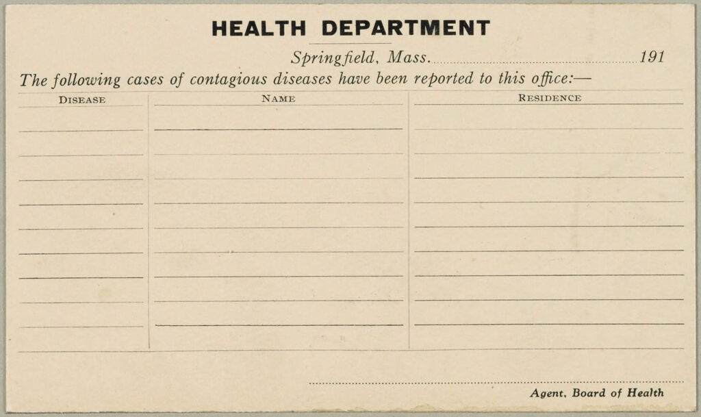 Health, General: United States. Massachusetts. Springfield. Board Of Health Forms: Health Department