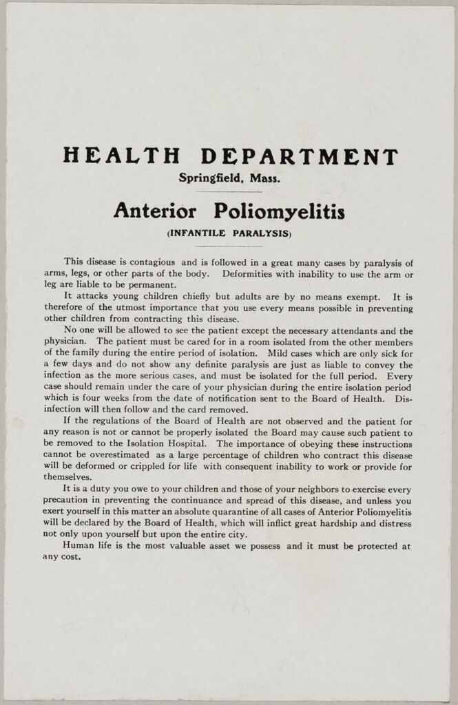 Health, General: United States. Massachusetts. Springfield. Board Of Health Forms: Health Department Springfield, Mass.: Anterior Poliomyelitis (Infantile Paralysis)
