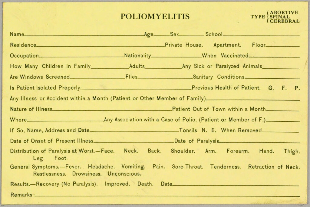 Health, General: United States. Massachusetts. Springfield. Board Of Health Forms: Poliomyelitis