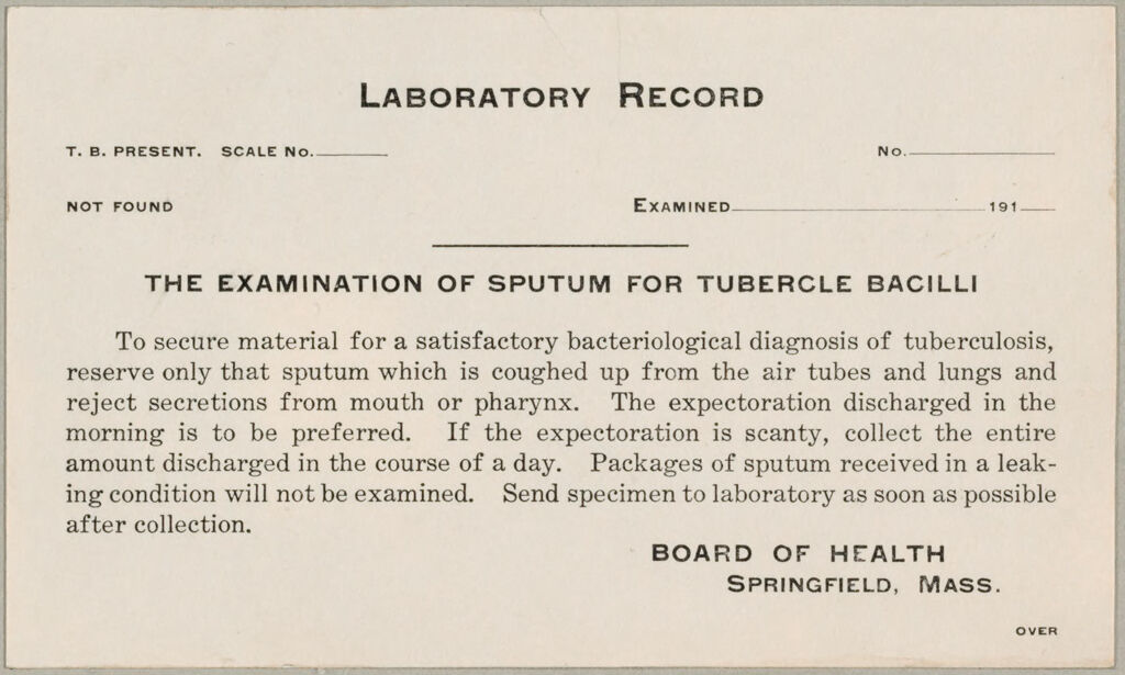 Health, General: United States. Massachusetts. Springfield. Board Of Health Forms: Laboratory Record