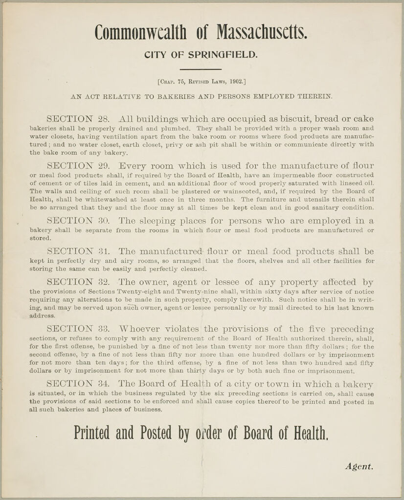 Health, General: United States. Massachusetts. Springfield. Board Of Health: Commonwealth Of Massachusetts. City Of Springfield.: An Act Relative To Bakeries And Persons Employed Therein.
