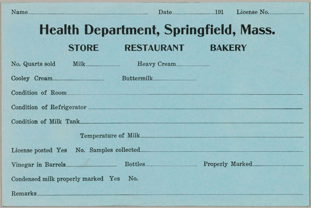 Health, General: United States. Massachusetts. Springfield. Board Of Health: Health Department, Springfield, Mass.: Store, Restaurant, Bakery