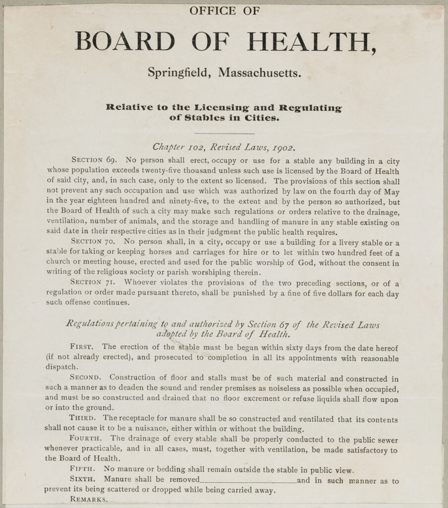 Health, General: United States. Massachusetts. Springfield. Board Of Health: Office Of Board Of Health, Springfield, Massachusetts. Relative To The Licensing And Regulating Of Stables In Cities.