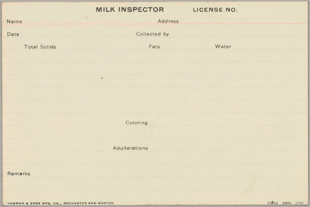 Health, General: United States. Massachusetts. Revere. Board Of Health Forms: Milk Inspector