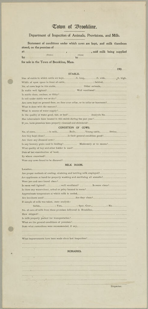 Health, General: United States. Massachusetts. Brookline. Board Of Health: Town Of Brookline. Department Of Inspection Of Animals, Provisions, And Milk.