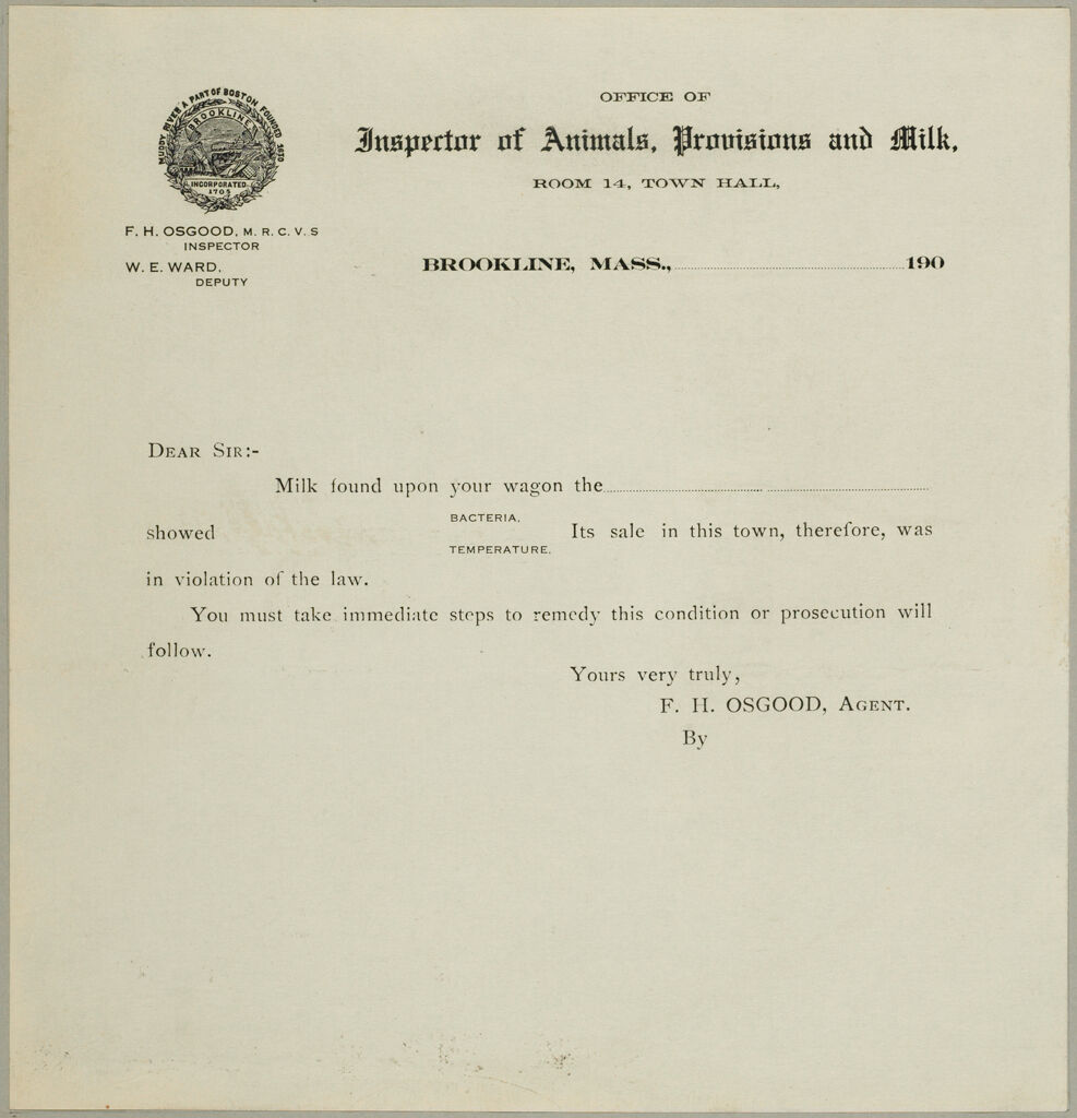Health, General: United States. Massachusetts. Brookline. Board Of Health: Office Of Inspector Of Animals, Provisions And Milk.