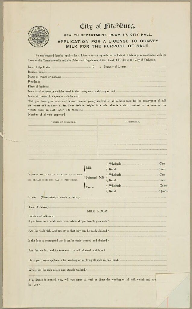 Health, General: United States. Massachusetts. Fitchburg. Health Forms: City Of Fitchburg. Application For A License To Convey Milk For The Purpose Of Sale.